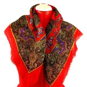 50s Fashion Floral Paisley Square Scarf Unrolled Hem Gold Metallic Thread